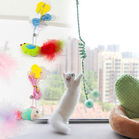 3PCS Retractable Cat Feather Toys，Hanging Interactive Cat Toys for Indoor Cats，Kitten Play Chase Exercise Kitten Play Pompom & Feather Teaser