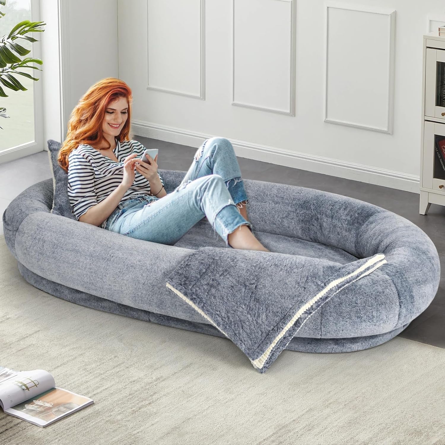 Human Dog Bed, Giant Dog Bed for Humans with Washable Faux Fur, Adult Size Napping Dog Bed for Humans, Kids, and Pets, Presented with Plump Pillows&Blanket- Grey