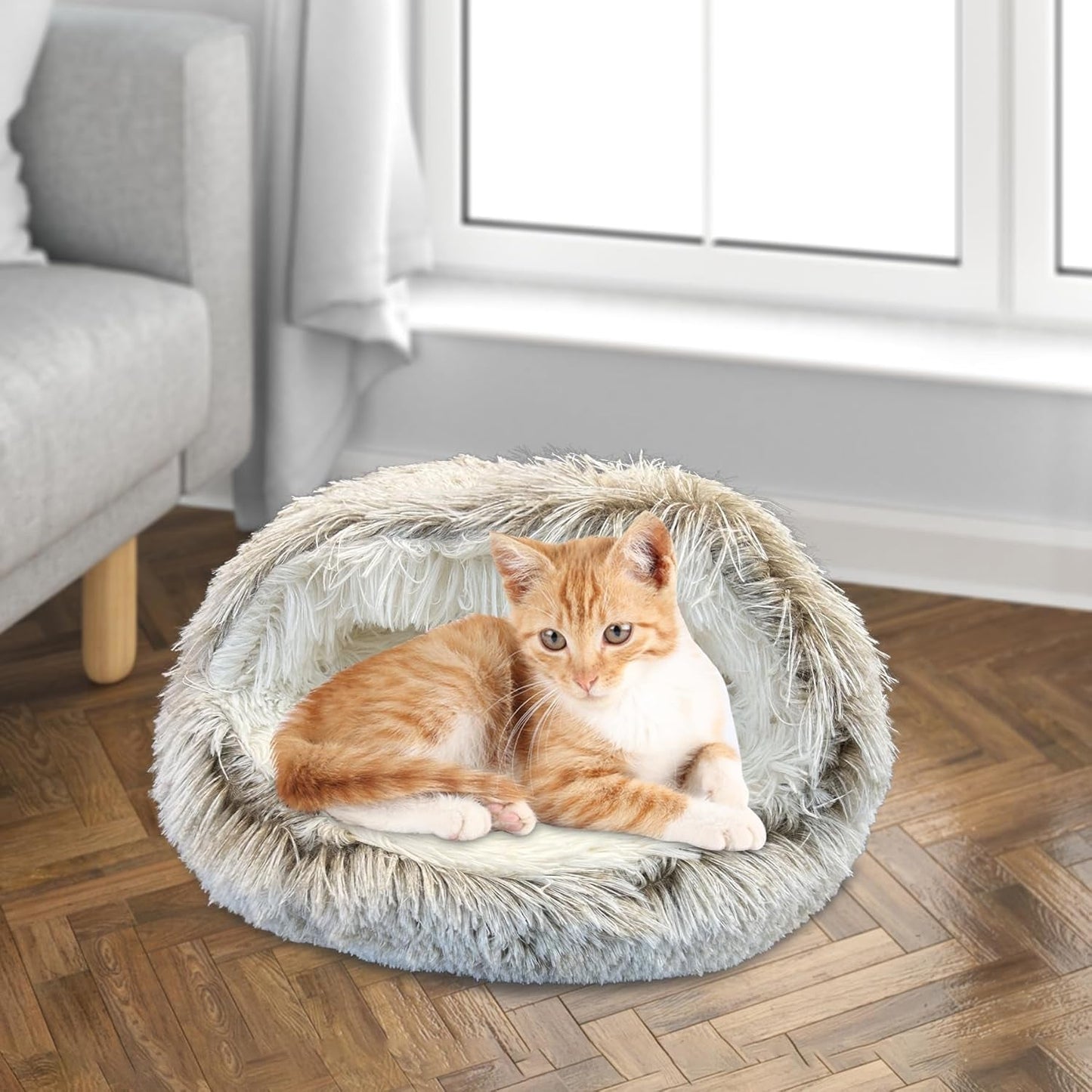 Calming Dog Beds & Cat Cave Bed with Hooded Cover, Anti-Anxiety Soft Plush Faux Fur round Beds for Puppies and Kitties, Cozy Warm Fluffy Sleeping Nest (Coffee)