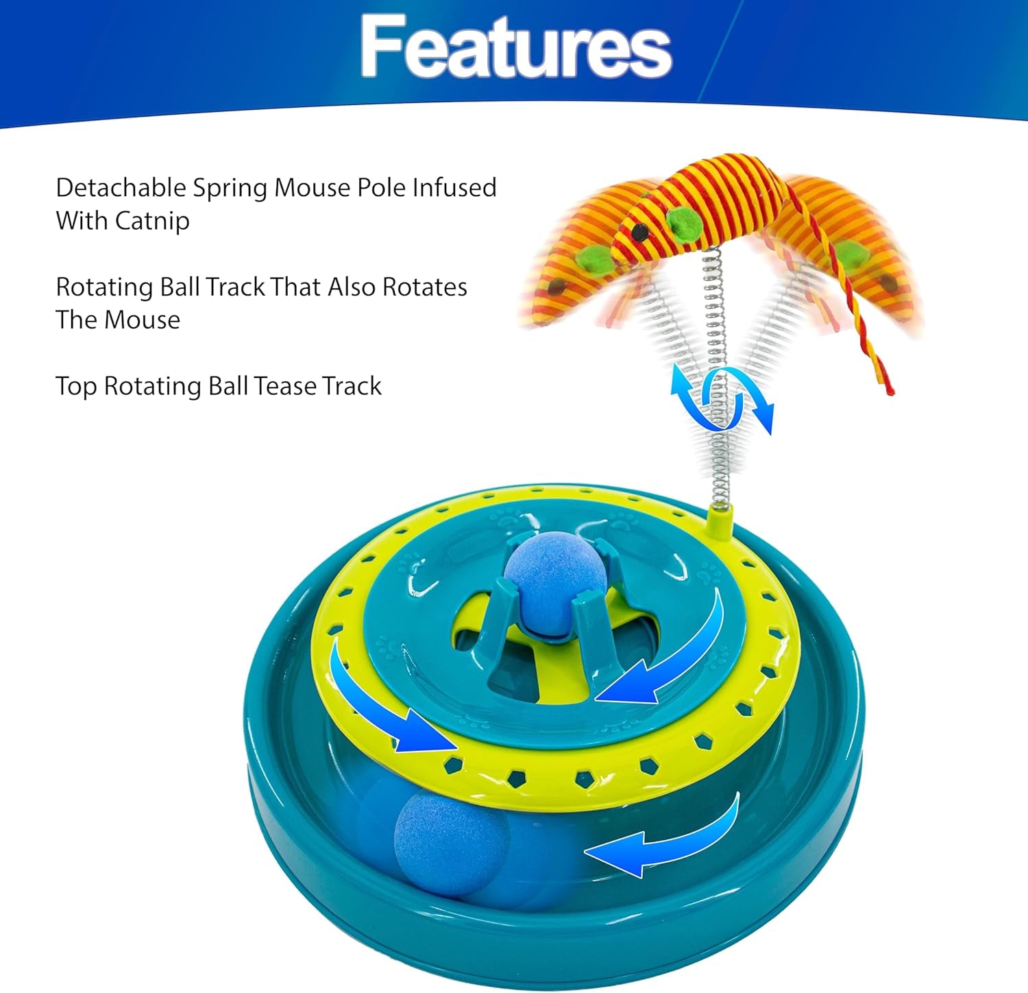 360 Interactive Cat Mouse Track Toy - Rolling Ball & Toy Spring Catnip Mouse - Cat Track Play Ball for Indoor Cats, Non-Slip Base, Spring-Loaded Mouse