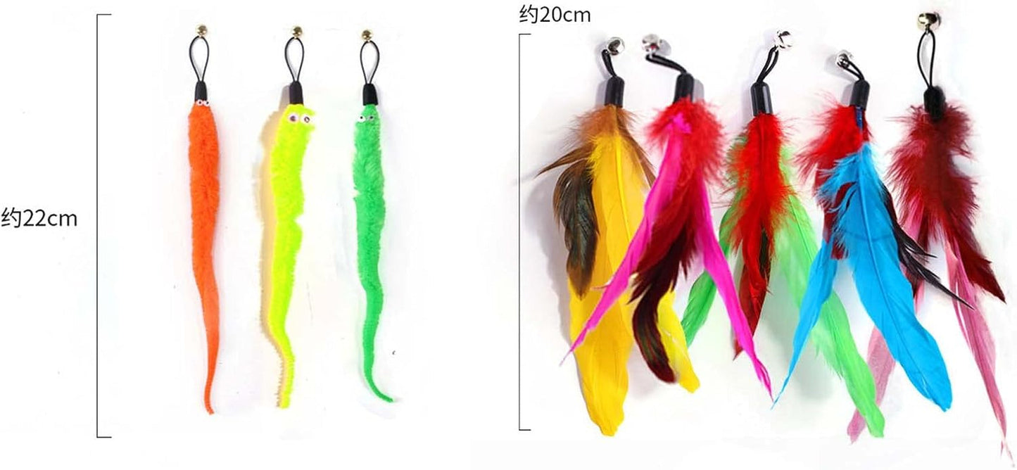 11 Pcs Cat Kitten Feather Stick String Teaser Chasing Exercise Entertain Toy Interactive, Including 2 Retractable Fishing Rod Cat Sticks, 5 Feathers and 4 Magic Worm Cat Toys Replacement.