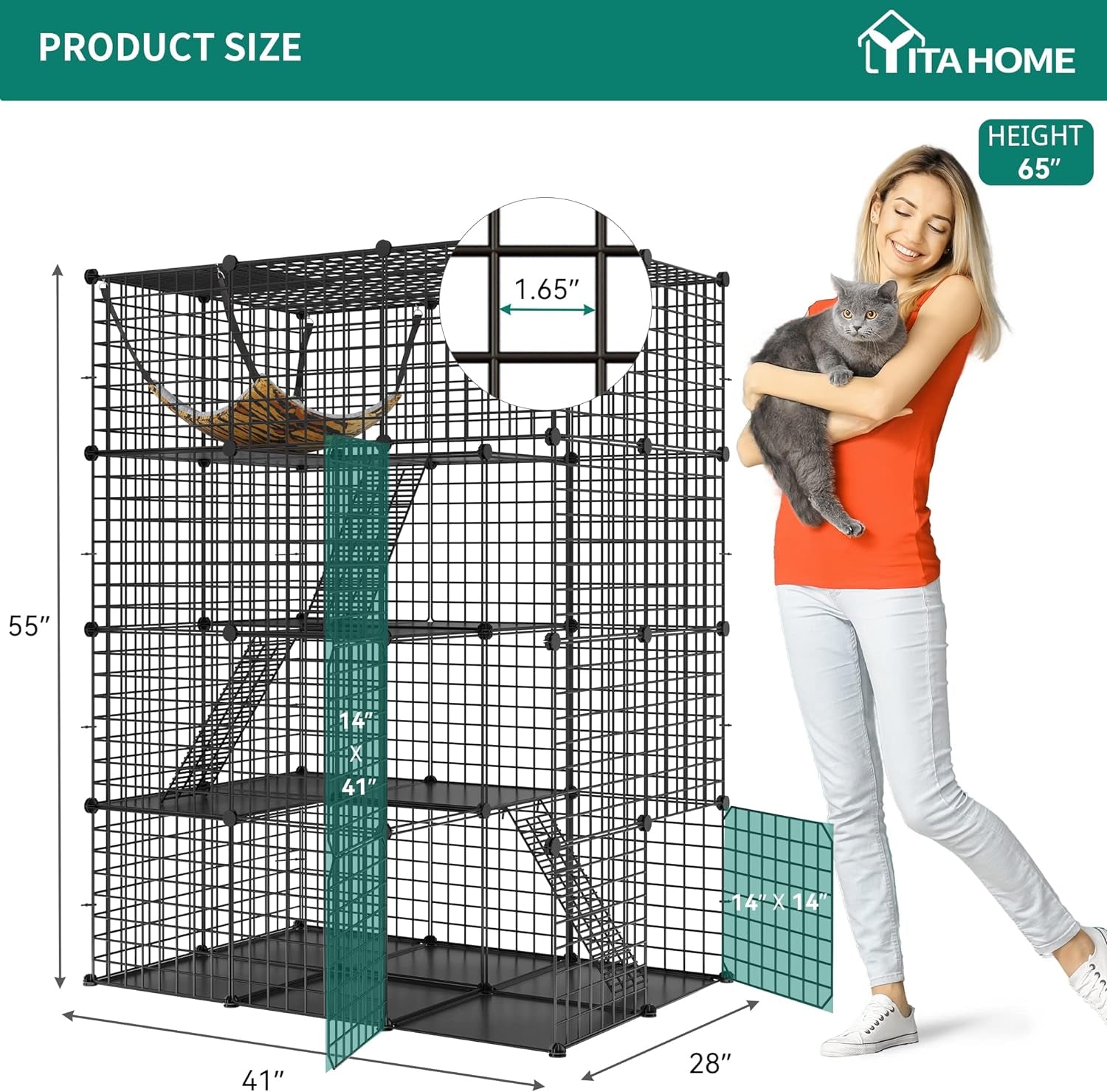 YITAHOME Large Cat Cage Indoor Enclosure Metal Wire 4-Tier Kennels DIY Cat Playpen Catio with Large Hammock for 1-3 Cats