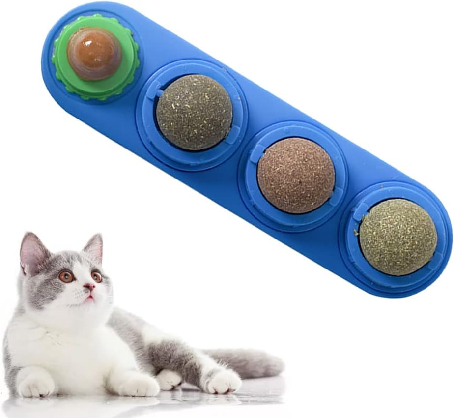 4 In1 Catnip Wall Balls for Cats, Cat Snack Catnip Ball Toys Natural Healthy Kitten Chew Toys Rotatable Indoor Cat Toy for Cat Teeth Cleaning Biting