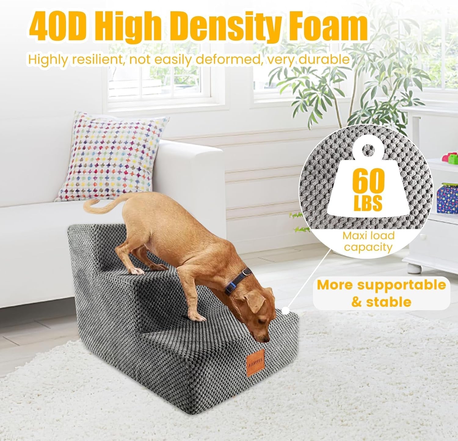 Dog Stairs for Small Dogs, High Density Foam Pet Ramp for Beds Couch Sofa, Non-Slip Soft Dog Steps for Cat and Doggy, Grey, 3 Steps