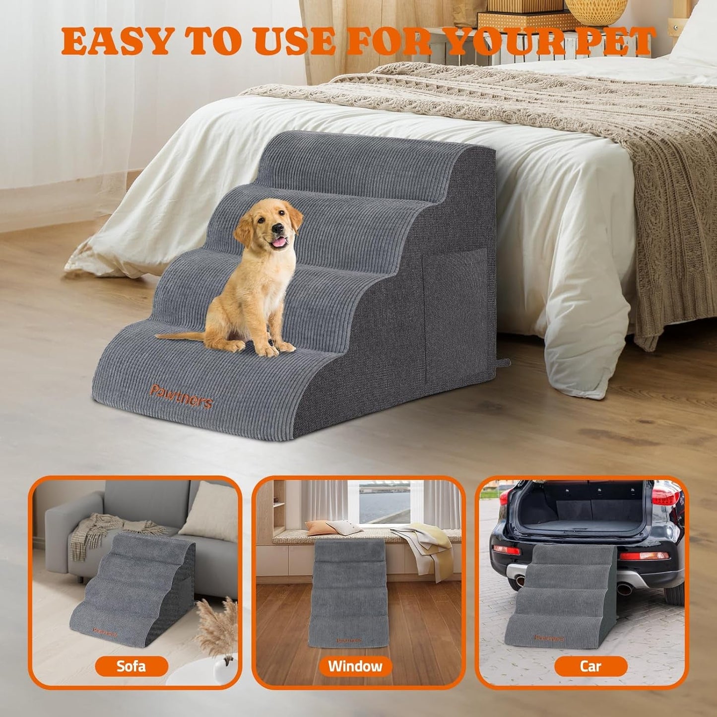 Dog Stairs for Small Dogs: Pawtners 4 Steps Dog Ramp for High Bed, Foam Pet Stairs for Large Cat and Medium Dogs, Dog Steps for Dogs to Get on Bed for Couch Sofa Bed Grey