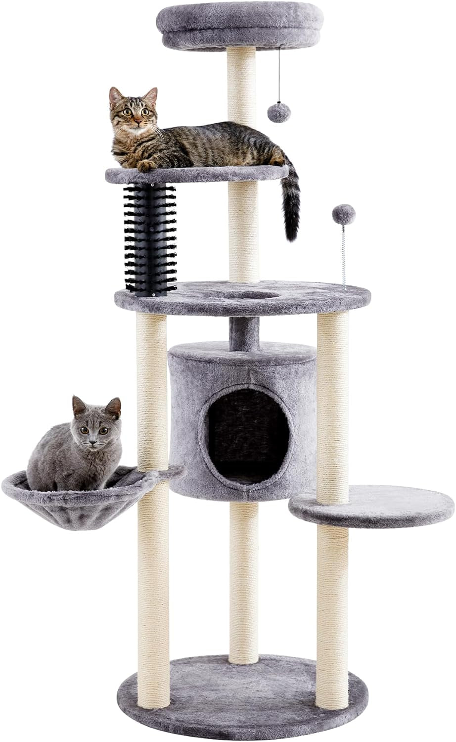 Made4Pets Cat Tree, 52.4" Tall Cat Tower for Indoor Cats, Multi-Level Large Cat Condo with Scratching Posts and Pompoms, Plush Kitten Climbing Tower with Cat Grooming Brush and Perch, Grey