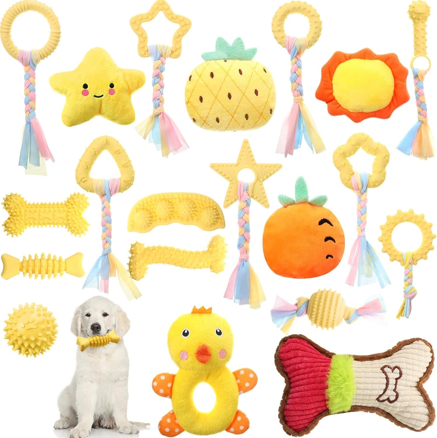 20 Pcs Puppy Toys for Teething Chew Toys for Small Dogs Cute Yellow Soft Squeaky Puppy Teething Toys Rubber Outdoor Interactive Dog Toys for Puppies Small Breed Cleaning Doggy Teeth