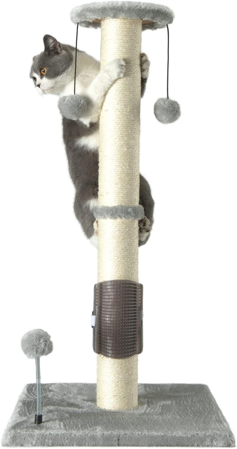 32" Tall Cat Scratching Post Sisal Scratch Posts with Hanging Ball and Self-Massage Brush Vertical Scratcher for Indoor Cats and Kittens(Gray 32Inches)