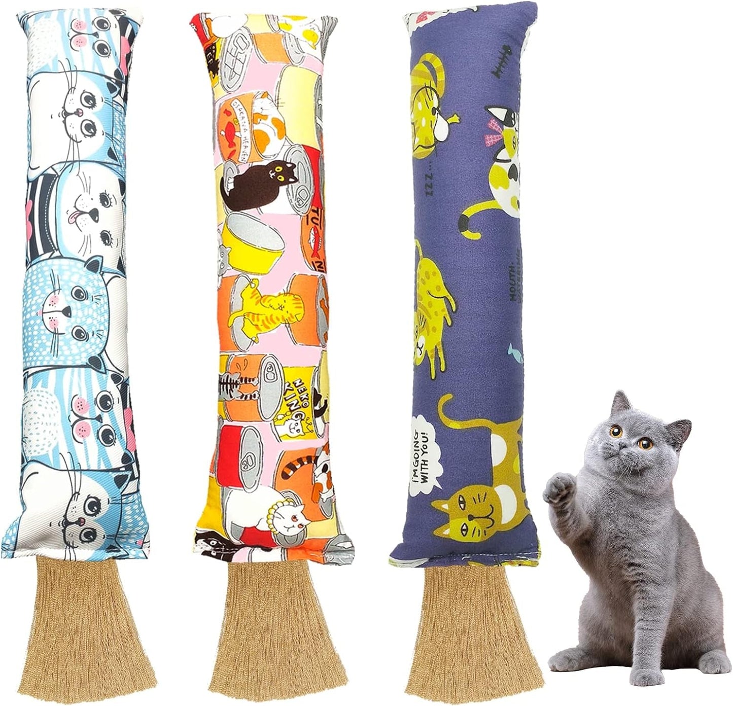 3PCS Catnip Toys for Cat, Catnip Toy Gifts for Indoor Cats, Cartoon Printed Catnip Toy with Tassels, Cat Chew Toys Kitten Kitty Pillow, Bite Resistant Products for Cats