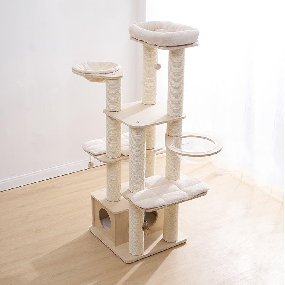 Modern Wood Cat Tree with Interactive Toys Hanging Ball, 65-Inch Cat Tower with Multi-Layer Platform & Condo, Tall Cat Tree with Sisal Rope Scratching Posts, Cat Condo Furniture W/Washable Plush Cushi