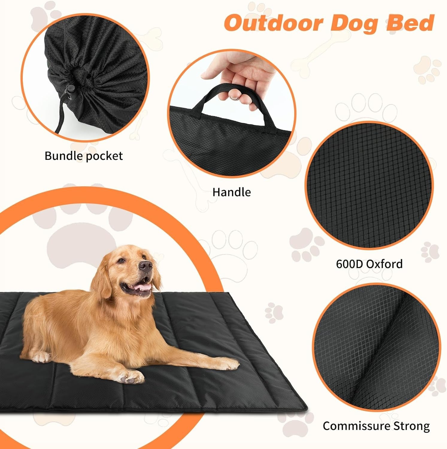 YUEPET 47"×27" Waterproof Outdoor Dog Bed, Portable Camping Dog Bed Easy to Clean Travel Outdoor Dog Mat for Large Medium Dogs Puppy with Storage Bag（Black）