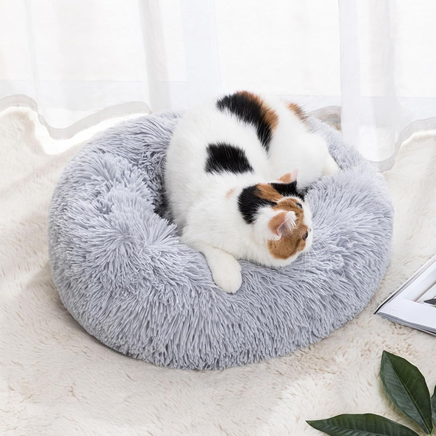 Cat Beds for Indoor Cats, 20 Inches Cat Bed Fluffy round Dog Bed Calming Soft Plush Donut Cat Bed Anti-Slippuppy Pet Bed Cat Beds for Small Medium Dogs Kittens (Grey)