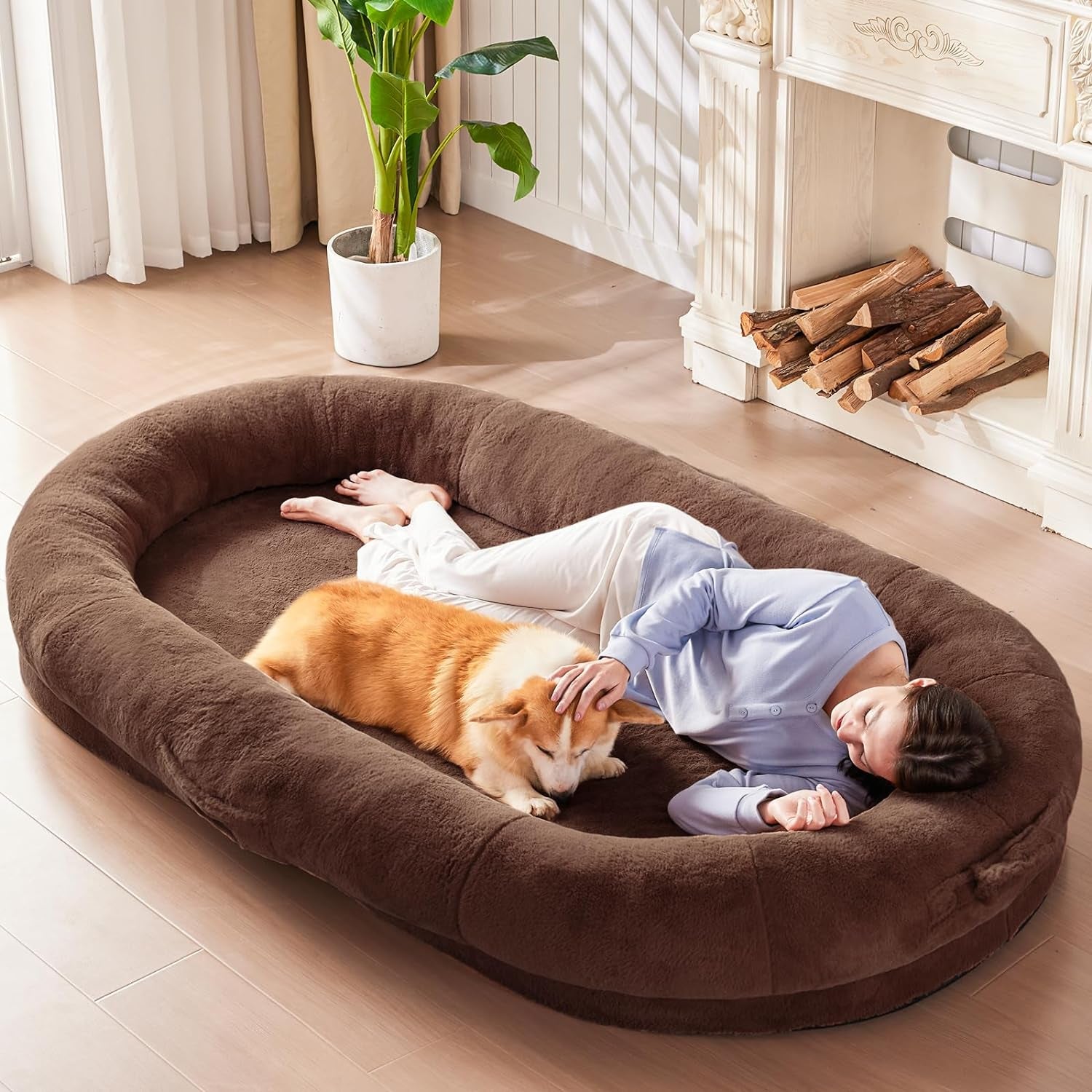 Human Dog Bed for People Adults, Giant Bean Bag Bed with Blanket 72"X48"X10", Washable Faux Fur Nap Bed Adult Oval for People, Removable Large Memory Foam Human Sized Dog Bed Brown