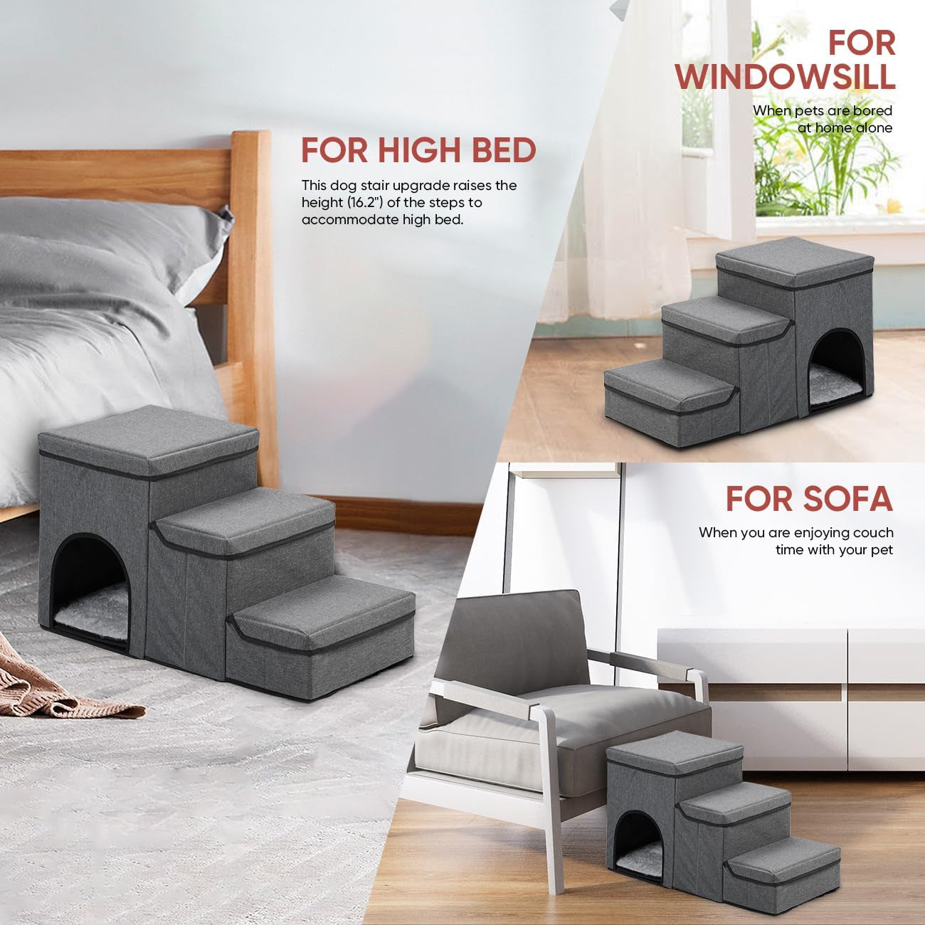 Dog Stairs Dog Steps with Storage for Small Dogs Water-Resistant 3 Tiers Foldable Pet Stairs for High Beds Sofa Stairs for Cat Dogs to Get on Bed up to 110 Lb