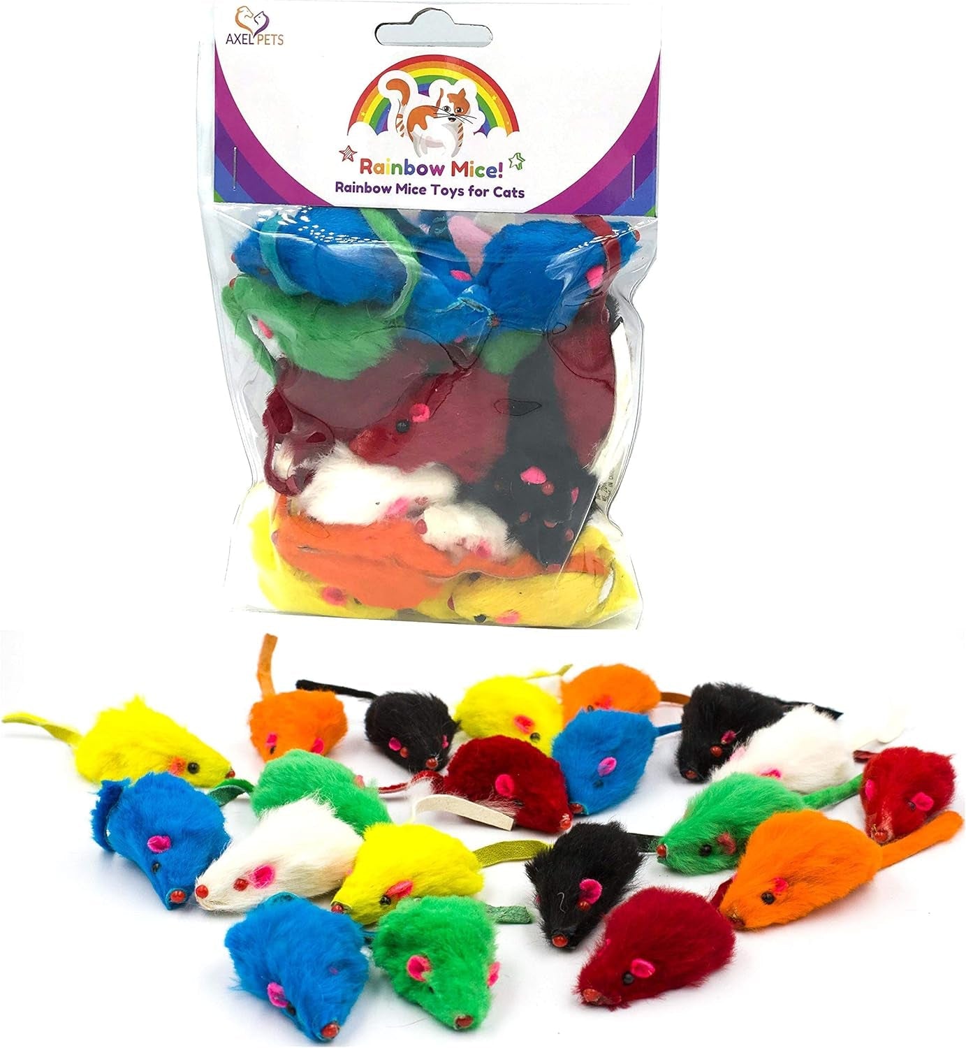 20 Rainbow Mice with Catnip and Rattle Sound Made of Real Rabbit Fur Interactive Catch Play Mouse Toy for Cat, Pack of 20 Mice