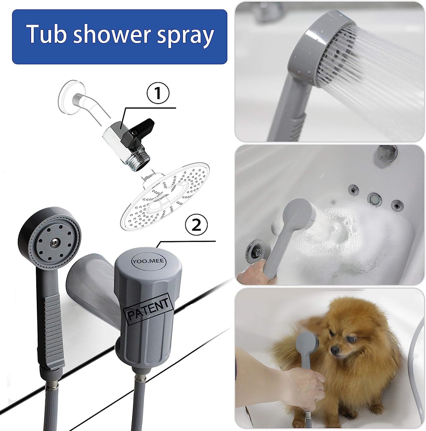 YOO.MEE Pets Shower Attachment, Quick Connect on Tub Spout W/Front Diverter, Ideal for Bathing Child, Washing Pets and Cleaning Tub