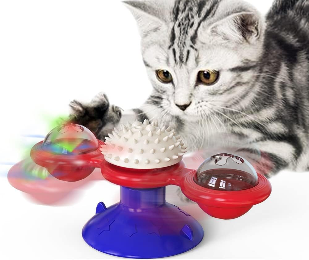 Kitty Windmill Toy Ruffle Light up Rotating Scratching Cat Turntable Toy (Red Blue)