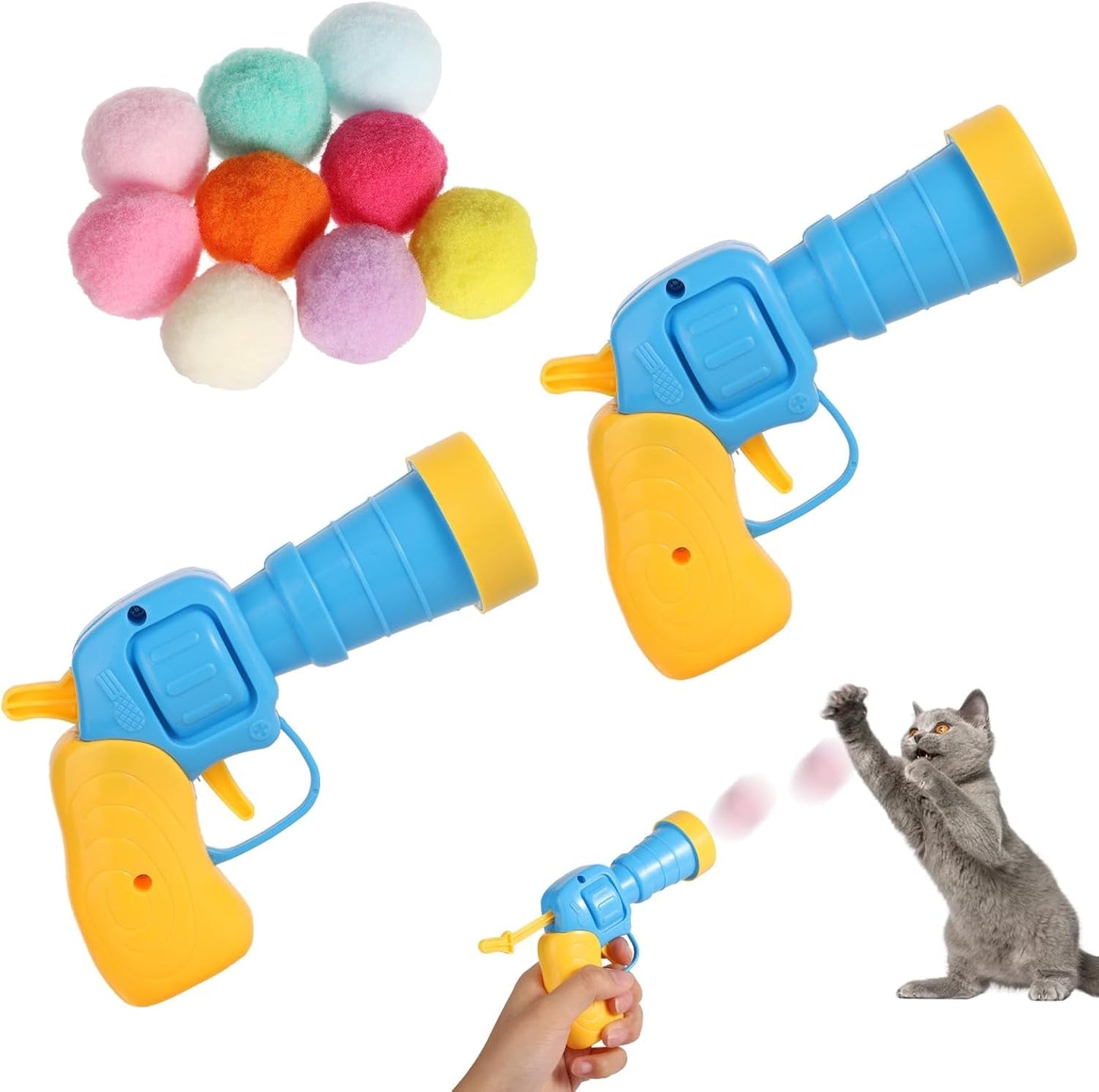 2Pcs Cat Toy Balls Launcher, Interactive Cat Toy Ball with 30 Soft Pom Pom Balls Kitten Toys Cat Toys for Indoor Cats for Training Playing Pet Supplies