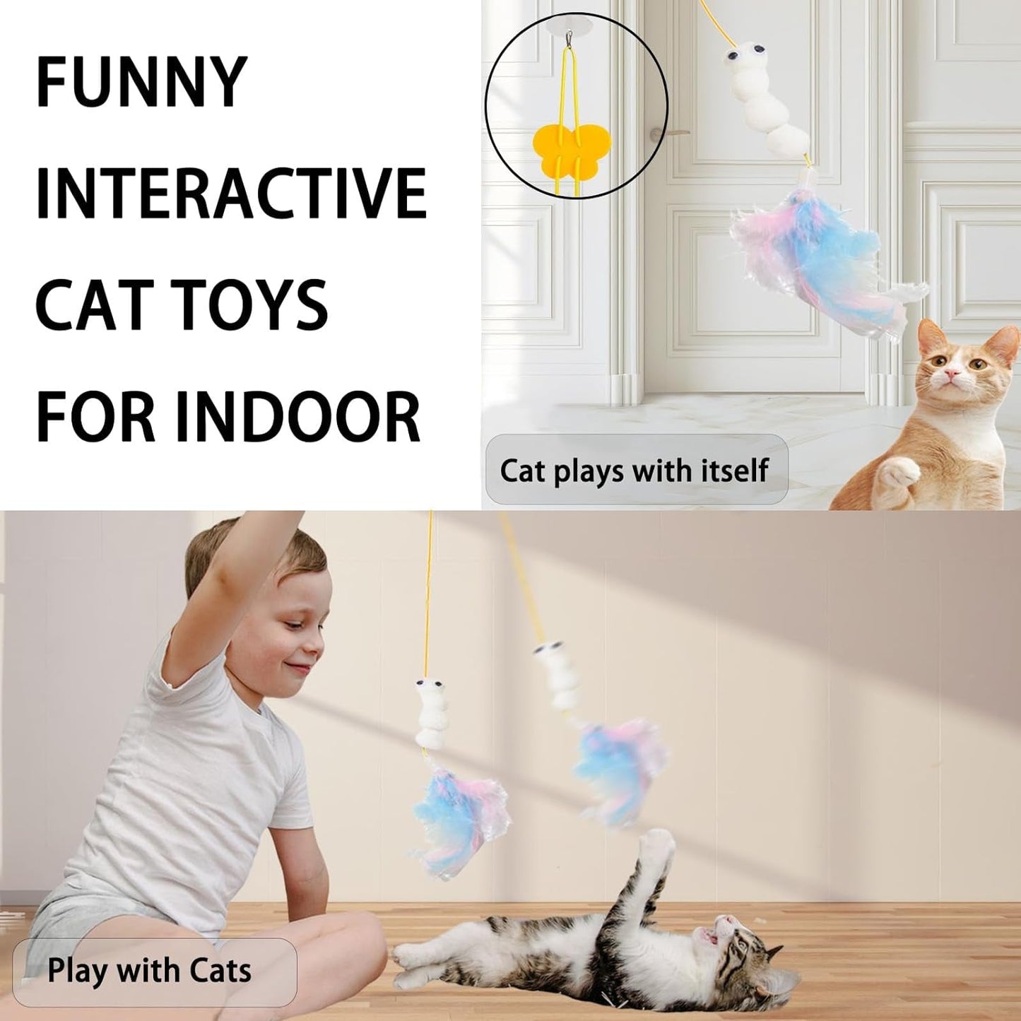 3 Pcs Interactive Toys for Indoor Cats, Best Hanging Cat Toys for Bored Cats, Spring Cat String Toys with Feathers and Bells, Door Hanging Self-Playing Cat Toys (CUTE, Count, 3)