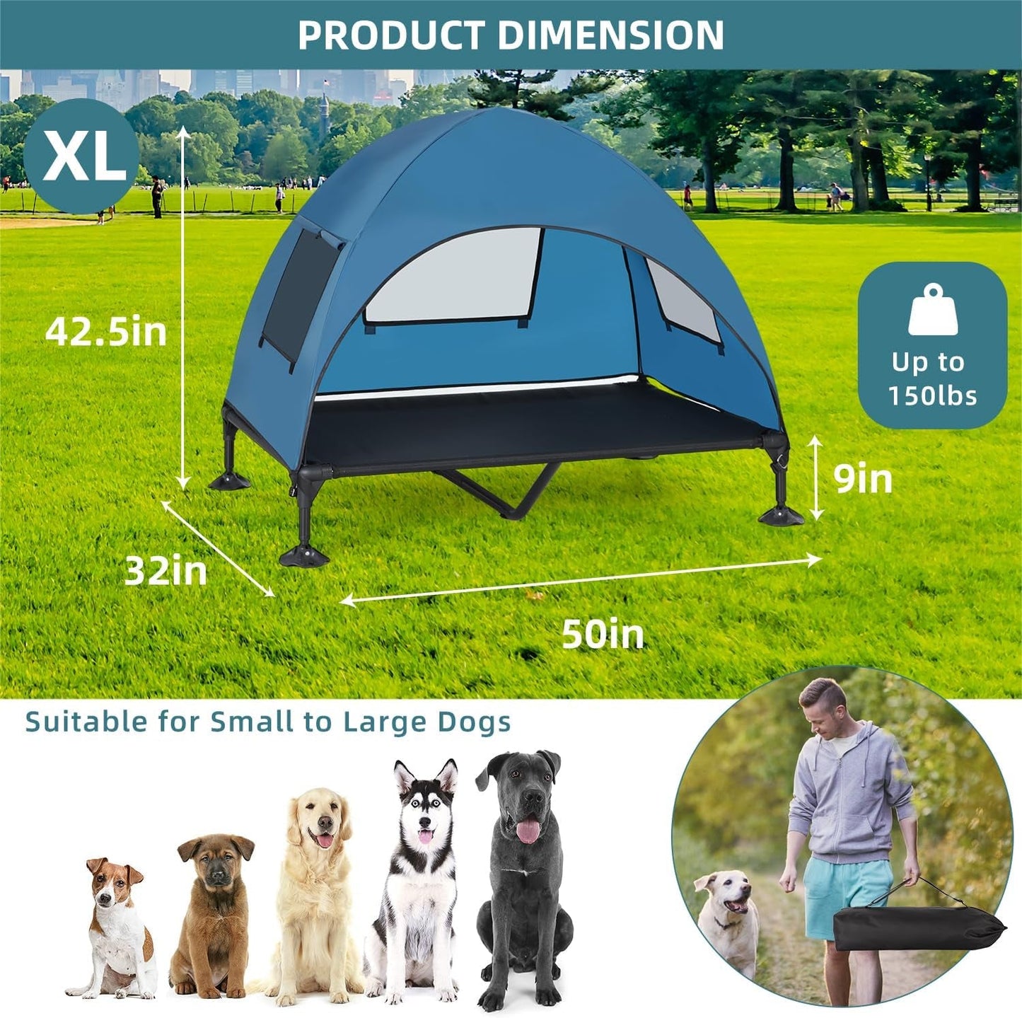 Elevated Outdoor Dog Bed with Canopy, Cooling Raised Dog Cot Bed with Removable Shade, Portable Pet Bed Cot with 360° Adjustable & Non-Slip Feet, Dog Tent Bed for Large Dogs Camping, Indoor & Outdoor