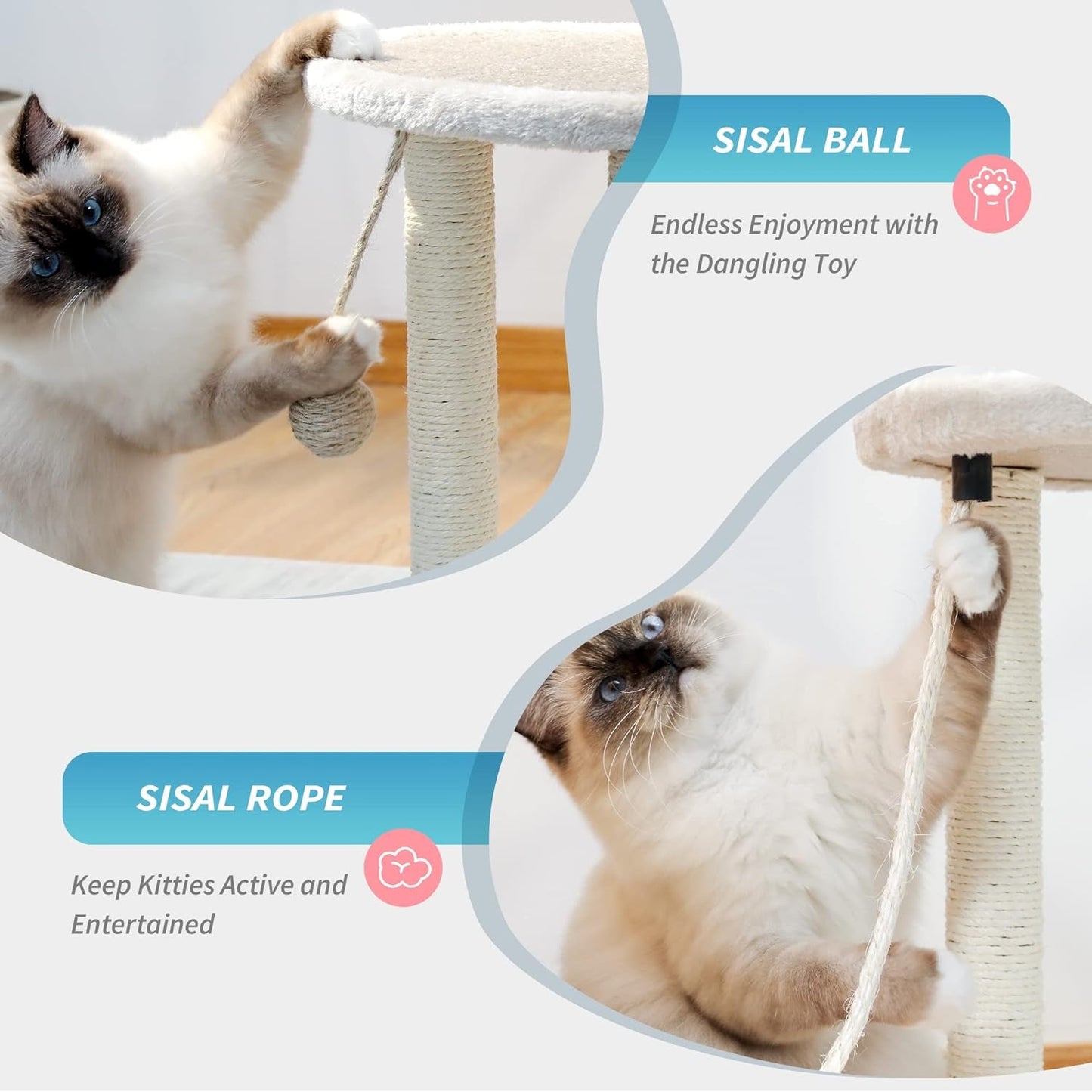 Made4Pets Cat Scratching Posts, Small Cat Tree for Indoor Cats, 4 in 1 Kitten Scratch Ball Toy, Soft Cat Bed Perch with Carpet Covered, 17" Cute Cat Tower Scratcher with Hanging Ball and Sisal Rope