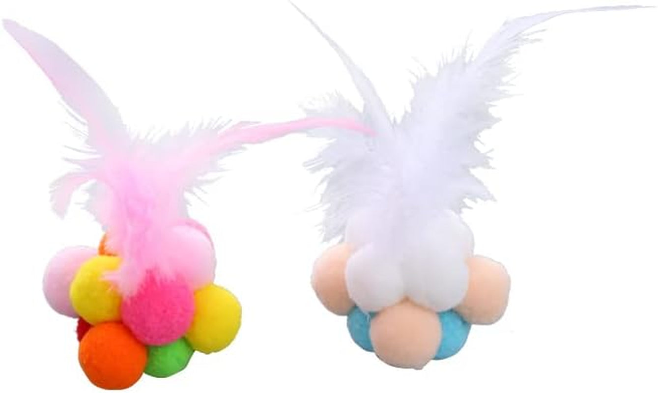 2 Pack Cat Plush Ball Toys with Feathers and Bells, Rainbow Color, for Small Animals