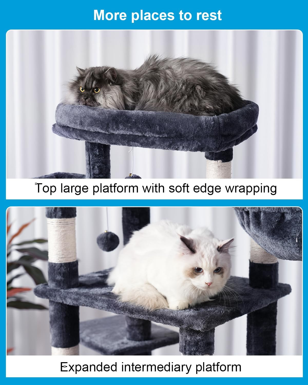 Hey-Brother Cat Tree for Indoor Cats, 62.6" Cat Tower with Scratching Post, Cat Condo with Two Large Platforms, Hammock, Big Scratcher, Smoky Gray MPJ029G