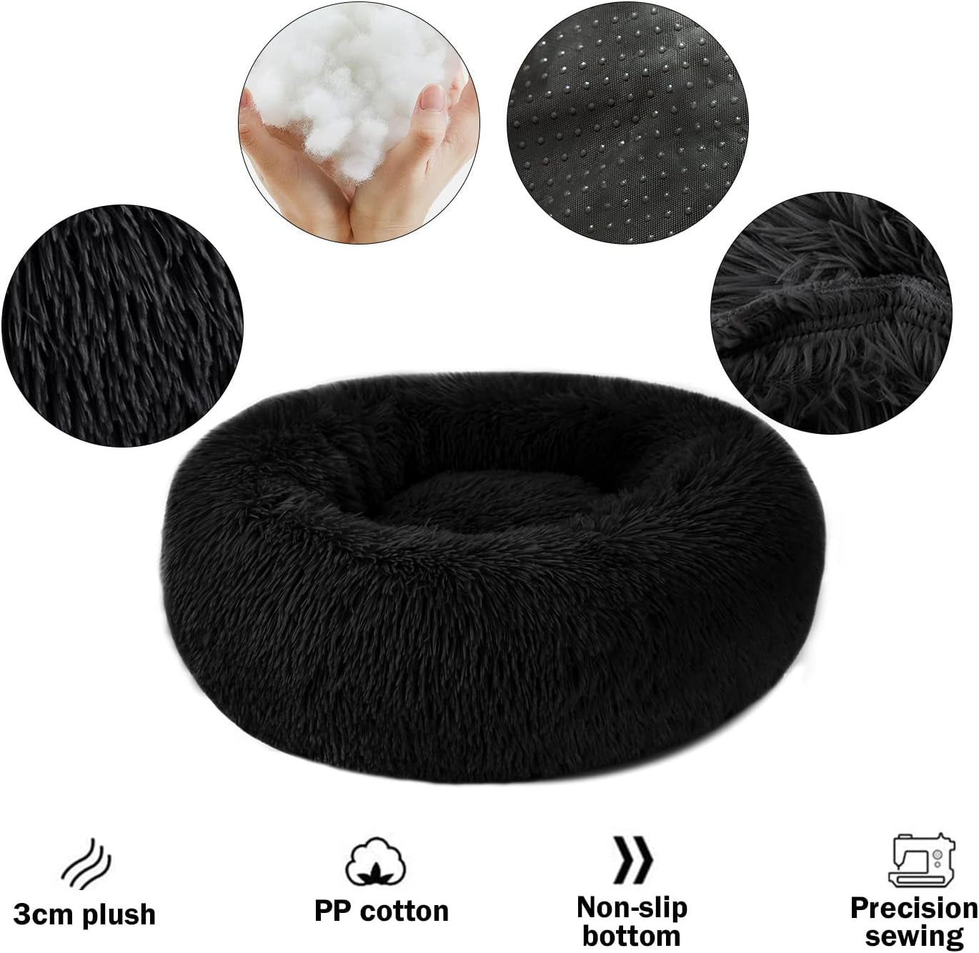 Nepfaivy Calming Dog Cat Bed - round Donut Small Dog Bed, Fluffy Luxury Puppy Bed, Anti-Anxiety Plush Pet Bed Washable, Cozy Soft Self Warming Doggy Pillow Bed, Waterproof Anti-Slip Bottom