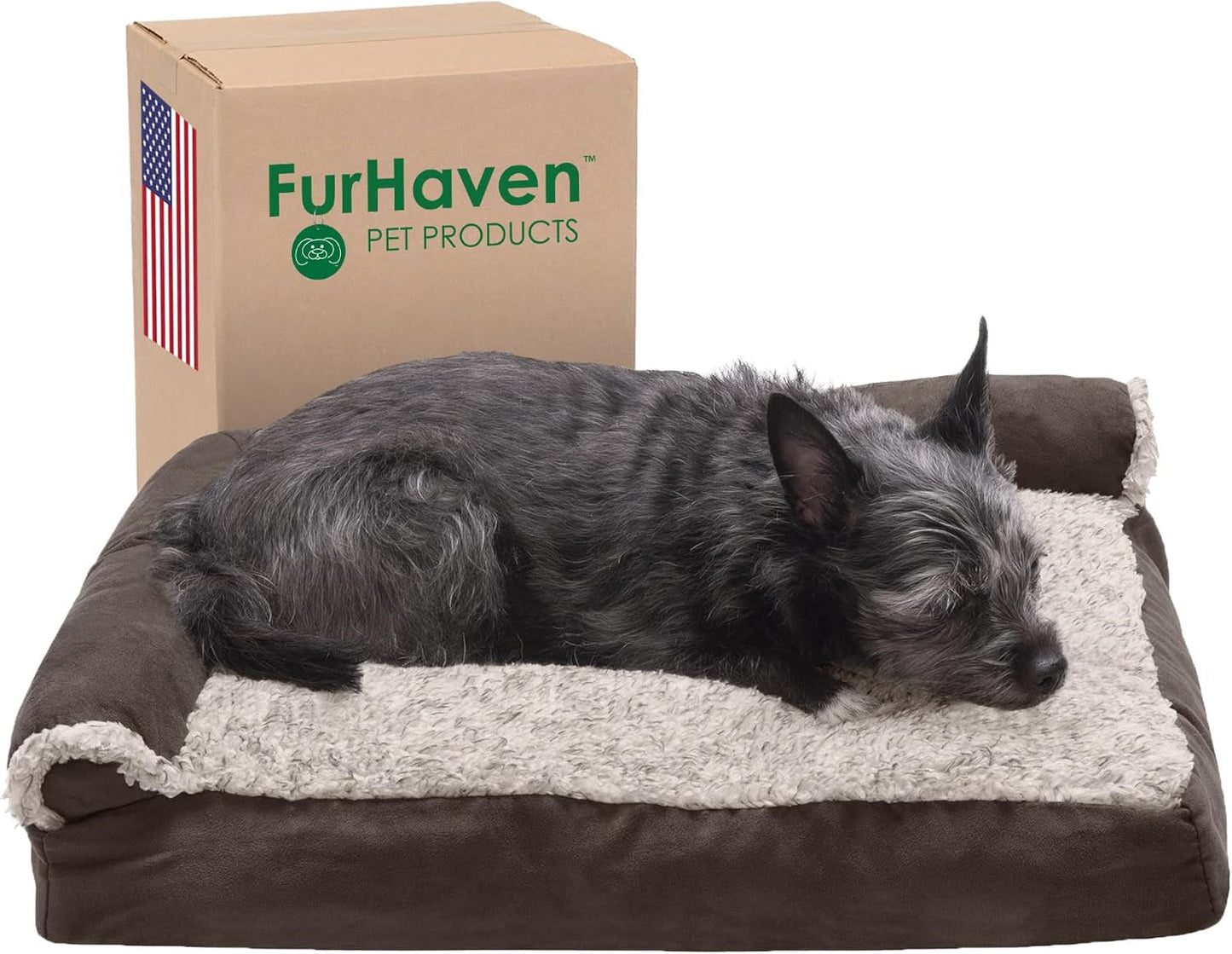 Furhaven Pillow Dog Bed for Large Dogs W/ Removable Bolsters & Washable Cover - Two-Tone Plush Faux Fur & Suede L Shaped Chaise - Stone Gray, Jumbo/Xl