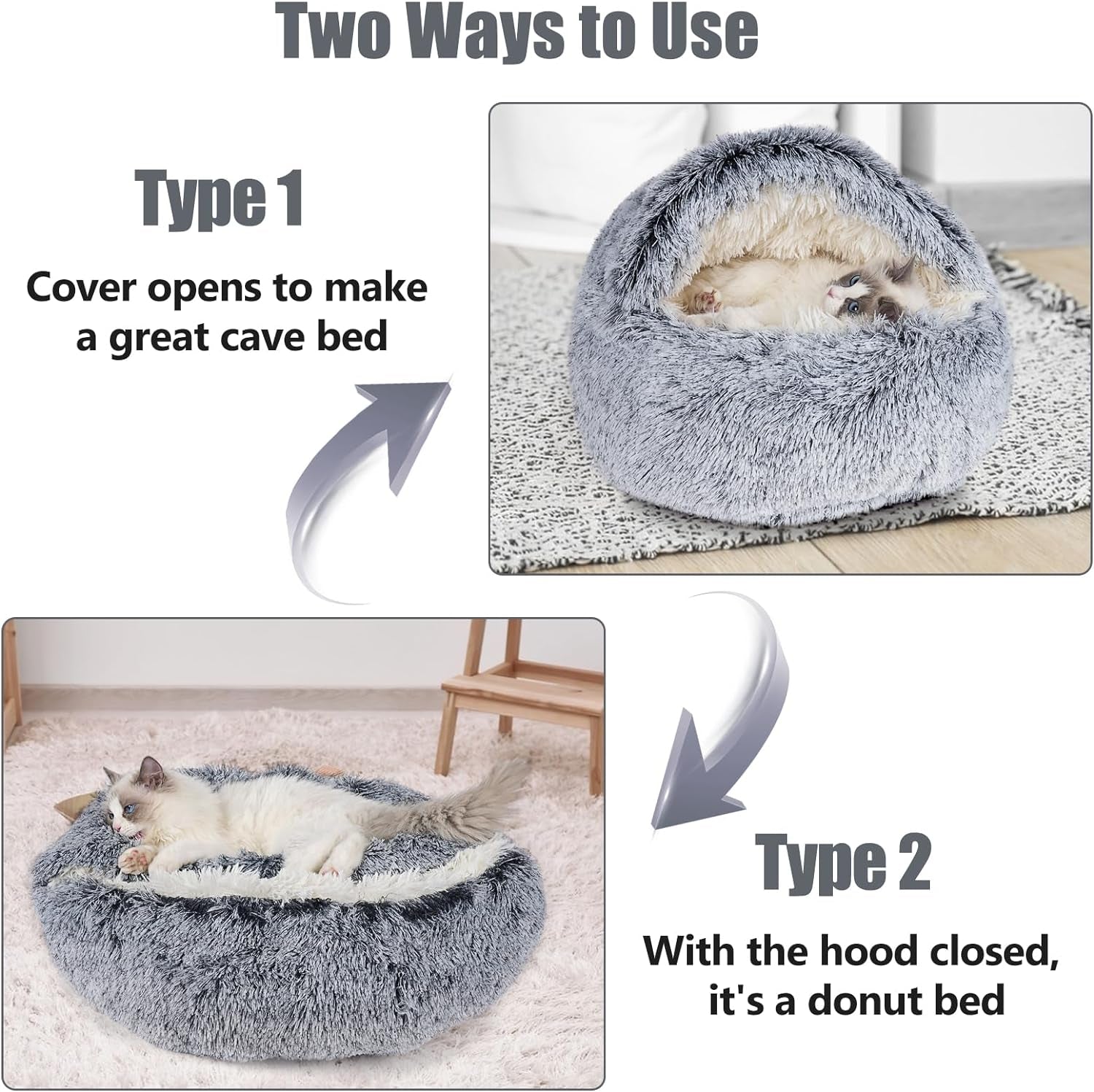 Cat Beds & Dog Bed with Cover Cave, Dog Beds for Small Dogs, round Soft Plush Donut Calming Pet Bed for Indoor Cats or Small Dog, Washable Puppy Bed with Non-Slip Bottom-16Inch