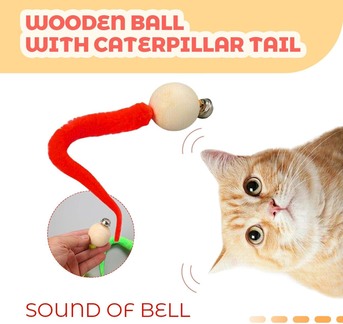 3 PCS of Cute and Soft Pet Interactive Toys Featuring a Wooden Ball | Colorful Caterpillar Beads and a Snake Tail with a Bell, Perfect for Entertaining Your Cat