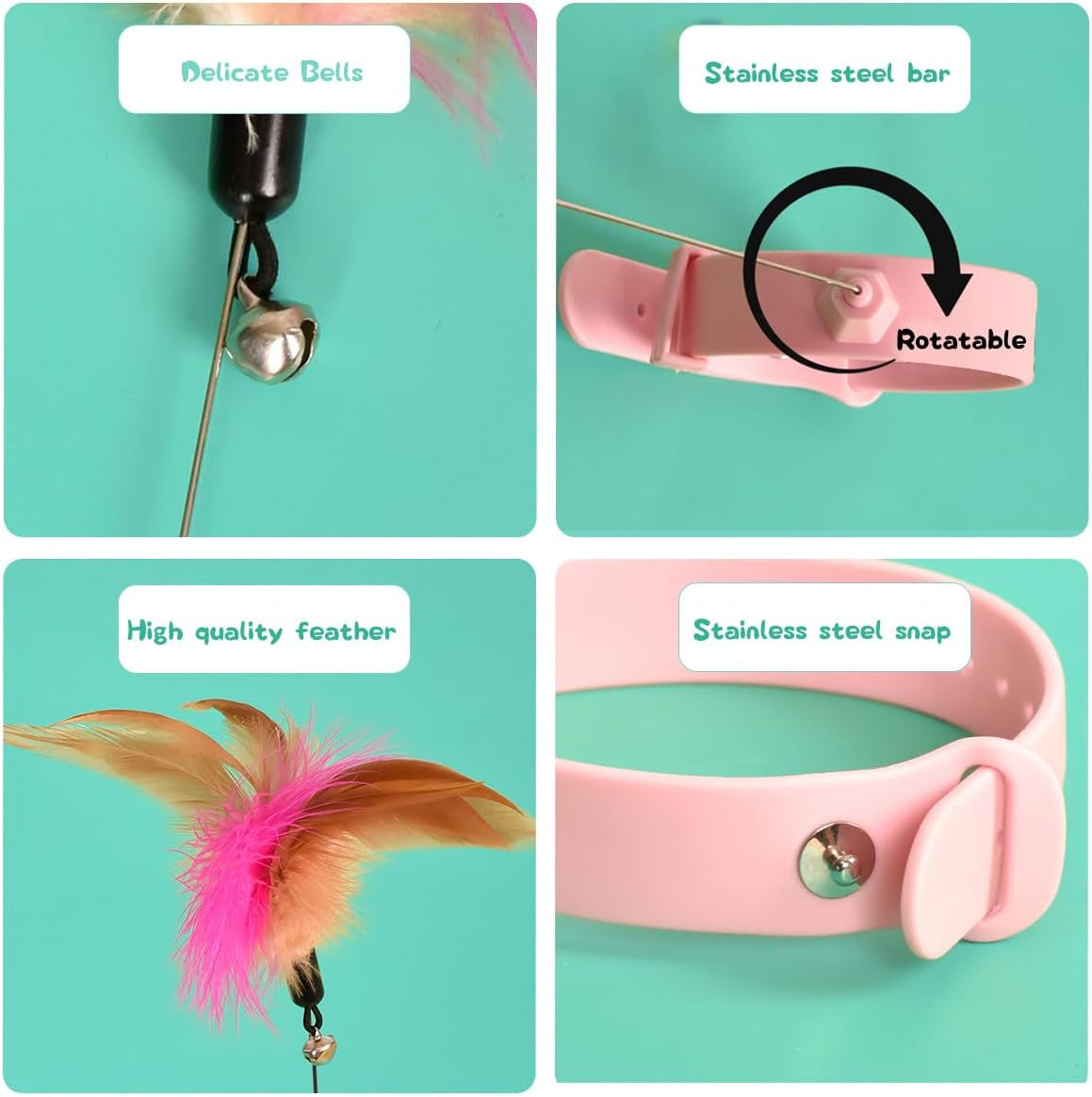 2Pcs Cat Collar Toy, Cat Feather Collar Toys,Cat Teasing Wand Silicone Collar Hands Free Toy with Bell and Feathers for Cats