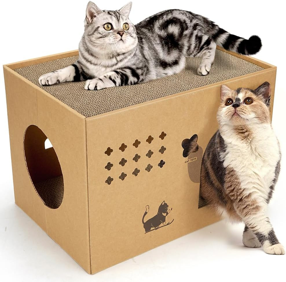 2 Pack Cat Scratcher Box with 3 PCS Scratching Pads, Reversible Corrugated Cardboard Lounge Bed with Feather Toy and Balls Recyclable Cat Scratcher Cardboard for Indoor Cats