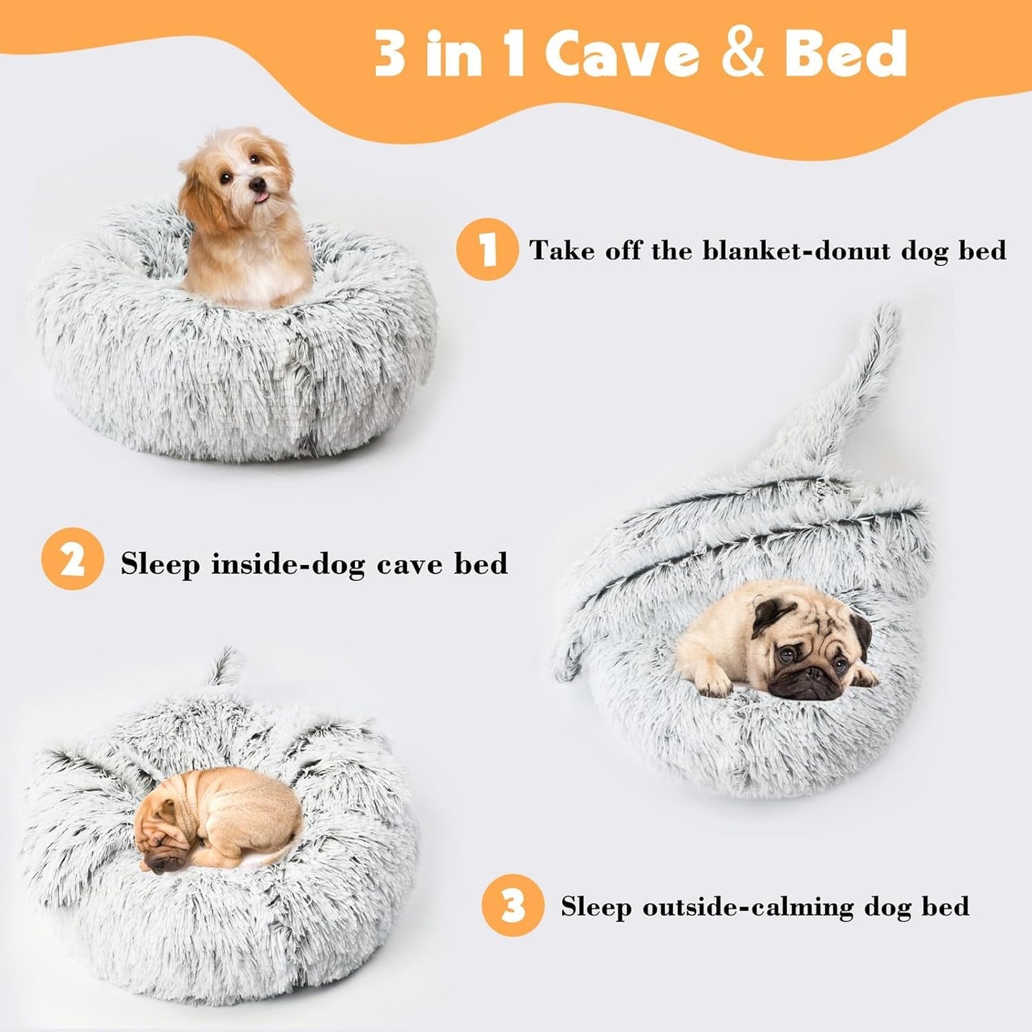 Calming Small Dog Bed Cat Bed with Detachable Blanket Cute Donut Dog Bed round Fluffy Comfort Pet Puppy Anti-Slip Washable Bed (Grey, S)