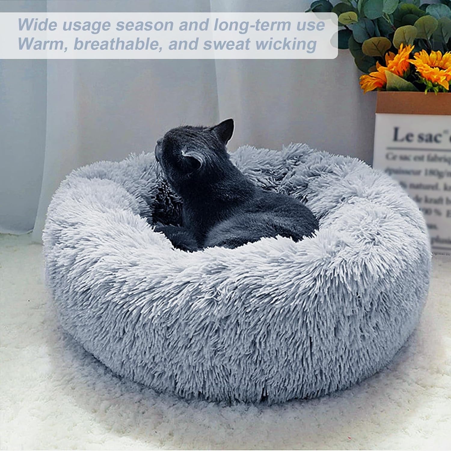 Calming Dog Bed for Small Medium Large Dogs, Soft Plush round Donut Cat Dog Bed, Anti-Anxiety Washable Donut Cuddler Pet Beds with Anti-Slip Bottom (30 X 30 Inch, Light Grey)