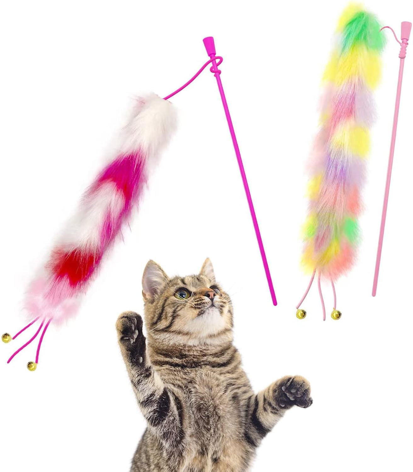 3 Pack Cat Wand Toy, Rainbow Cat Feather Toys with Bells, Cat Teaser Wand with Soft Furry Tail, Interactive Cat Toys for Indoor Cats & Kitten & Kitty