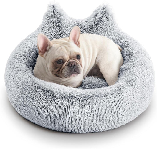 Calming Small Dog Bed, Donut Washable Dog Beds for Small Dogs, Anti-Anxiety Cute Soft Dog Bed with Anti-Slip round Fluffy Plush 20 Inchs Cat Puppy Bed, Light Grey