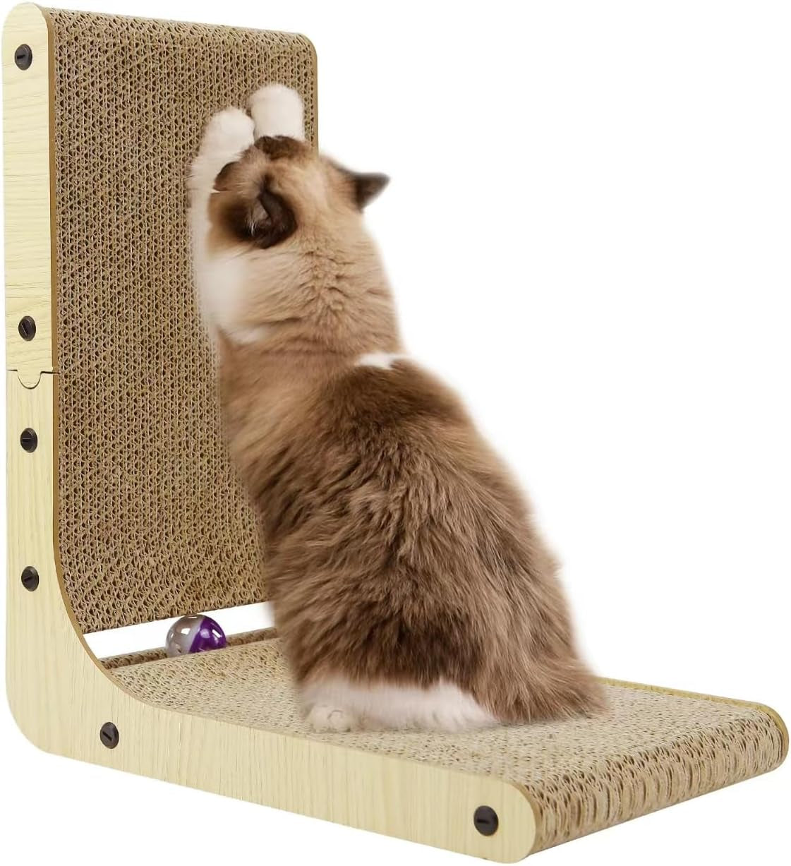 L-Shape Cat Scratcher, 27 Inch Cat Scratching Pad,Cute Cat Cardboard Scratcher for Indoor Cats, Protecting Furniture Vertical Kitty Scratch Lounge with Ball Toy Large