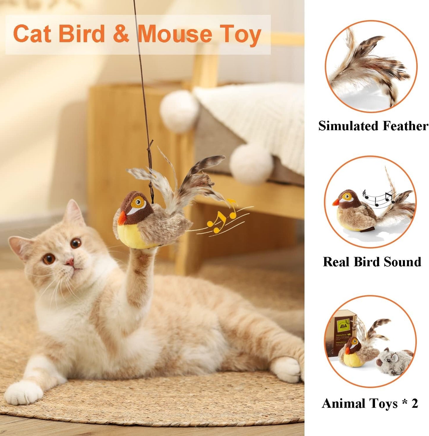 2 Pack Cat Toys, Interactive Hanging Door Cat Toy Pack for Indoor Cats Feather Plush Chirping Bird & Cat Squeak Mouse, Cute Kitten Mice Small Toys Set