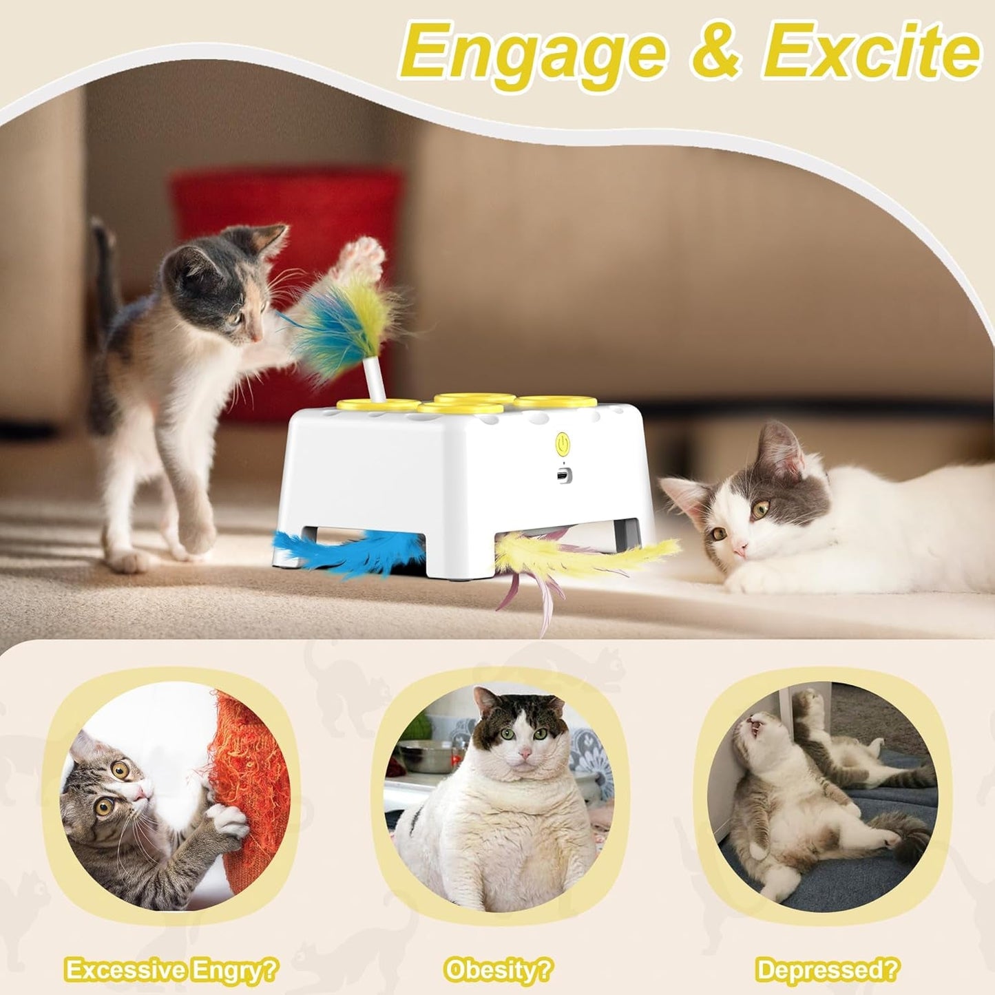 Interactive Cat Toys, 2-In-1 Automatic Cat Toy, 4 Holes Mice Whack a Mole Cat Mouse Toy with Moving Feather, Portable USB Rechargeable Electronic Kitten Toys White & Yellow