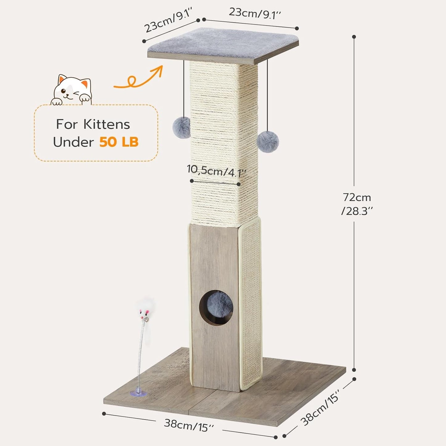 HOOBRO 28.3" Tall Cat Scratching Post, Cat Scratch Posts for Indoor Cats, Sisal Cat Scratcher Tower with Dangling Ball for Large Cats, Tall Furniture Scratching Cat Activity Scratcher, Greige BG01CP03