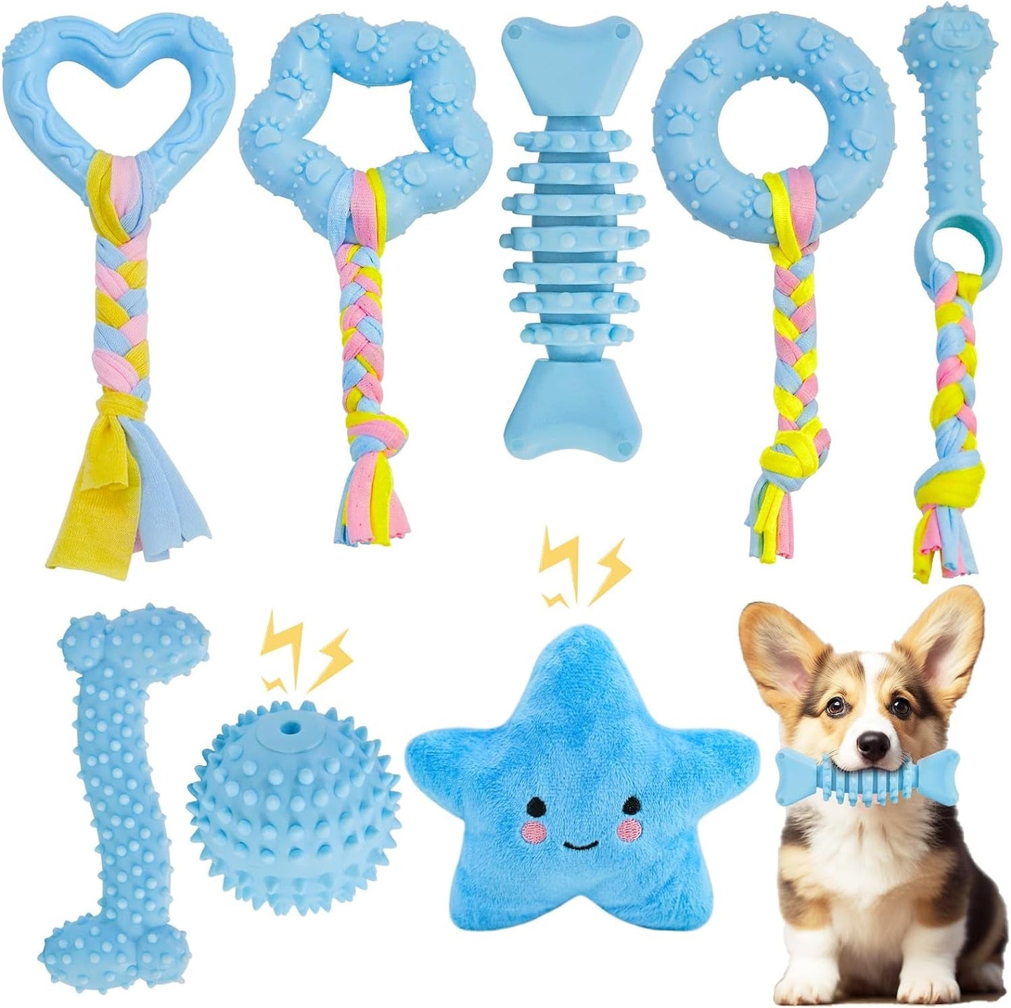 20Pcs Puppy Chew Toys for Teething, Dog Chew Toys with Rope Toys, Pet Dog Toothbrush, Treat Balls, Dog Plush Toys and Squeaky Toys for Small Medium Dogs, Cute Dog Toy with Basket