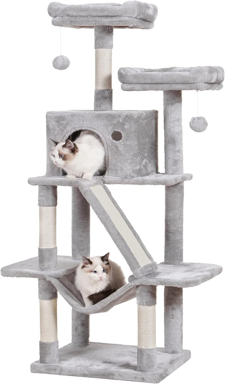 Hey-Brother Cat Tree, 53 Inch Cat Tower for Indoor Cats, Cat House with Padded Platform Bed, Toy Balls, Large Cozy Condo, Hammocks and Sisal Scratching Posts, Light Gray MPJ019-SW