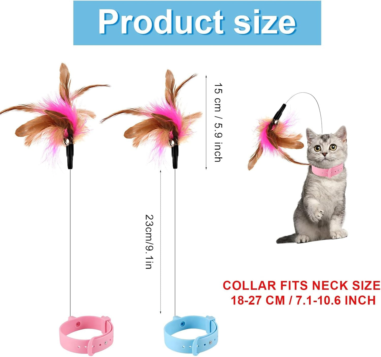 2Pcs Cat Collar Toy Attached, Silicone Cat Teasing Wand Adjustable Cat Feather Collar Toys with Bell Cat Interactive Teaser Toys for Indoor Cat Playing Training (Pink, Blue)