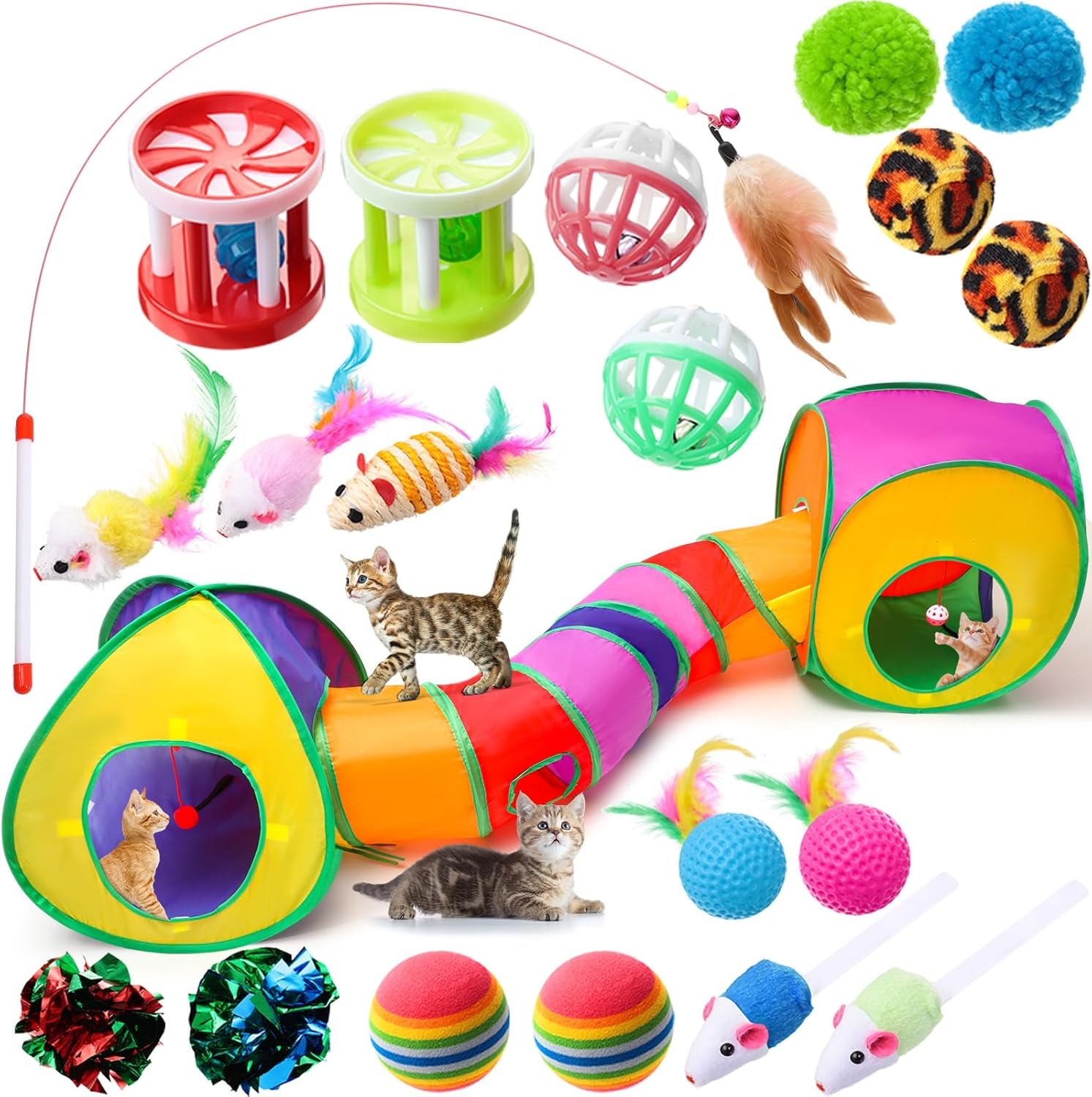 21 Pcs Cat Tunnels for Indoor Set, 3 In1 Collapsible Cat Tunnel Toy with Cube Tent Toys Combo and 20 Pcs Interactive Kitty Toys Cat Feather Toy Fluffy Mouse Crinkle Balls for Kitten Puppy