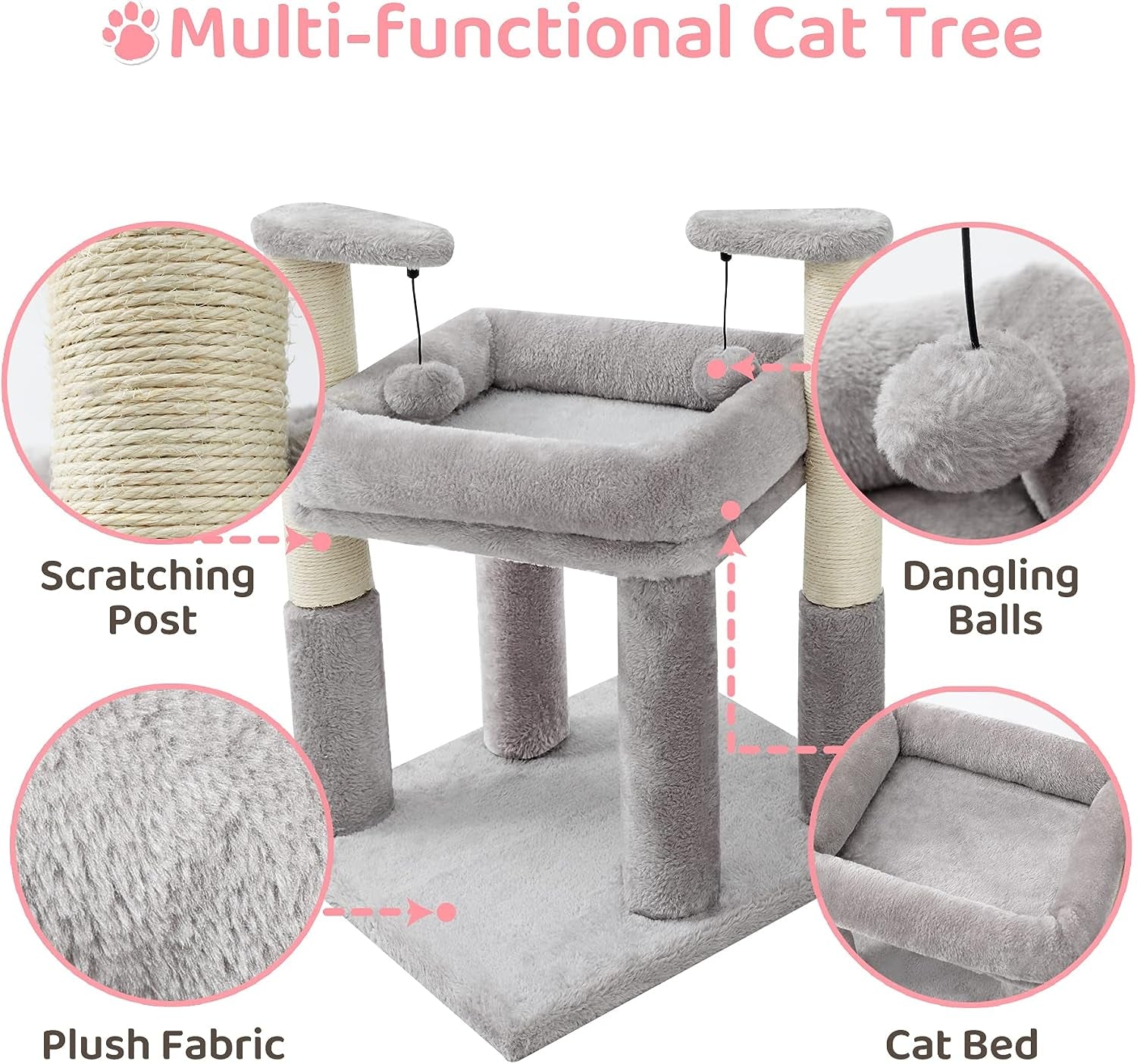 Made4Pets Cat Tree for Indoor Cats, Cat Tower with 2 Natural Sisal Scratching Post for Kitten, Kitty Cat Bed with Pom-Pom Dangling Balls, Grey, DIY