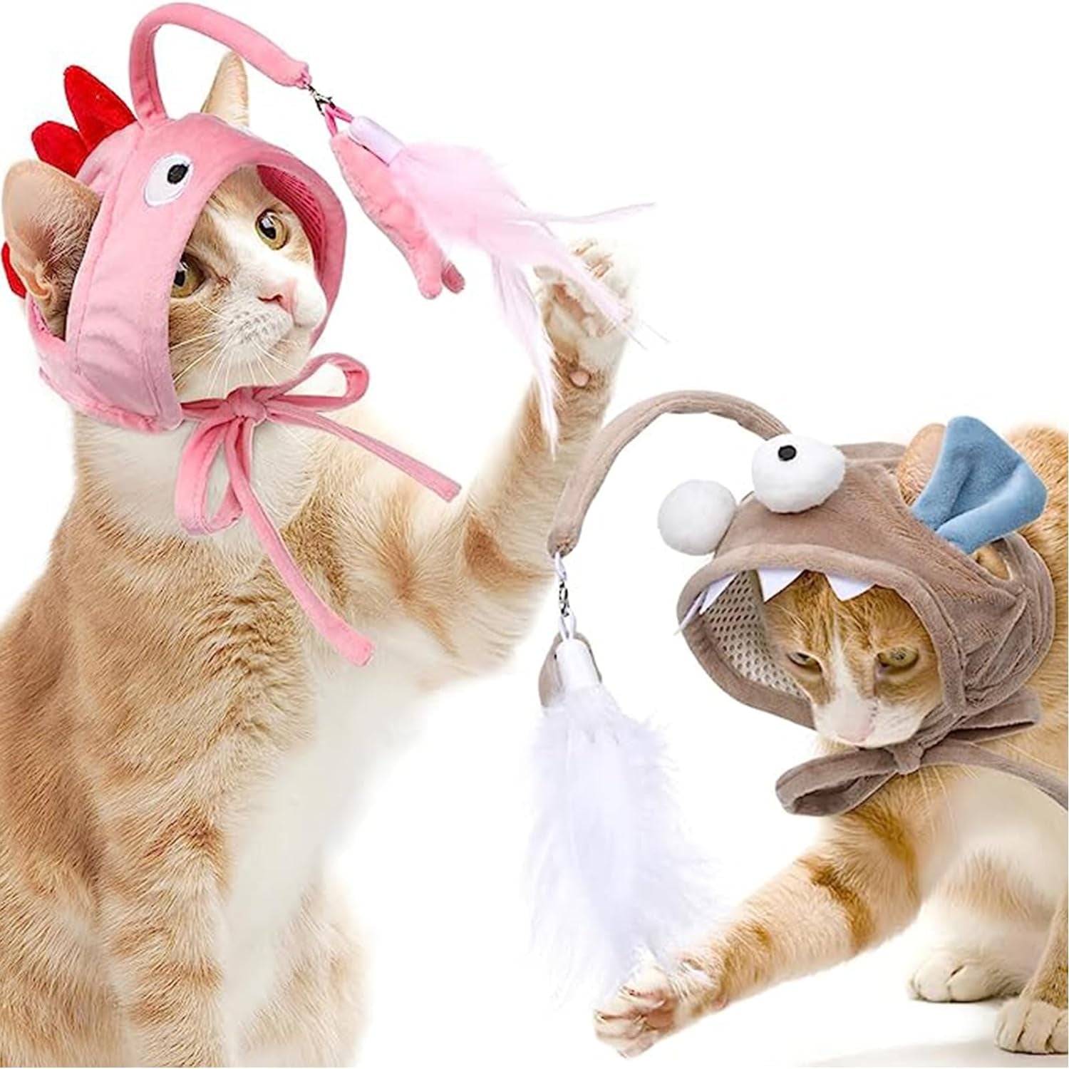 2Pcs Cat Feather Hats Toys, Head Mounted Cat Toy Interactive Cat Hat Feather Toy with Hook Self-Service for Indoor Kitten Cat