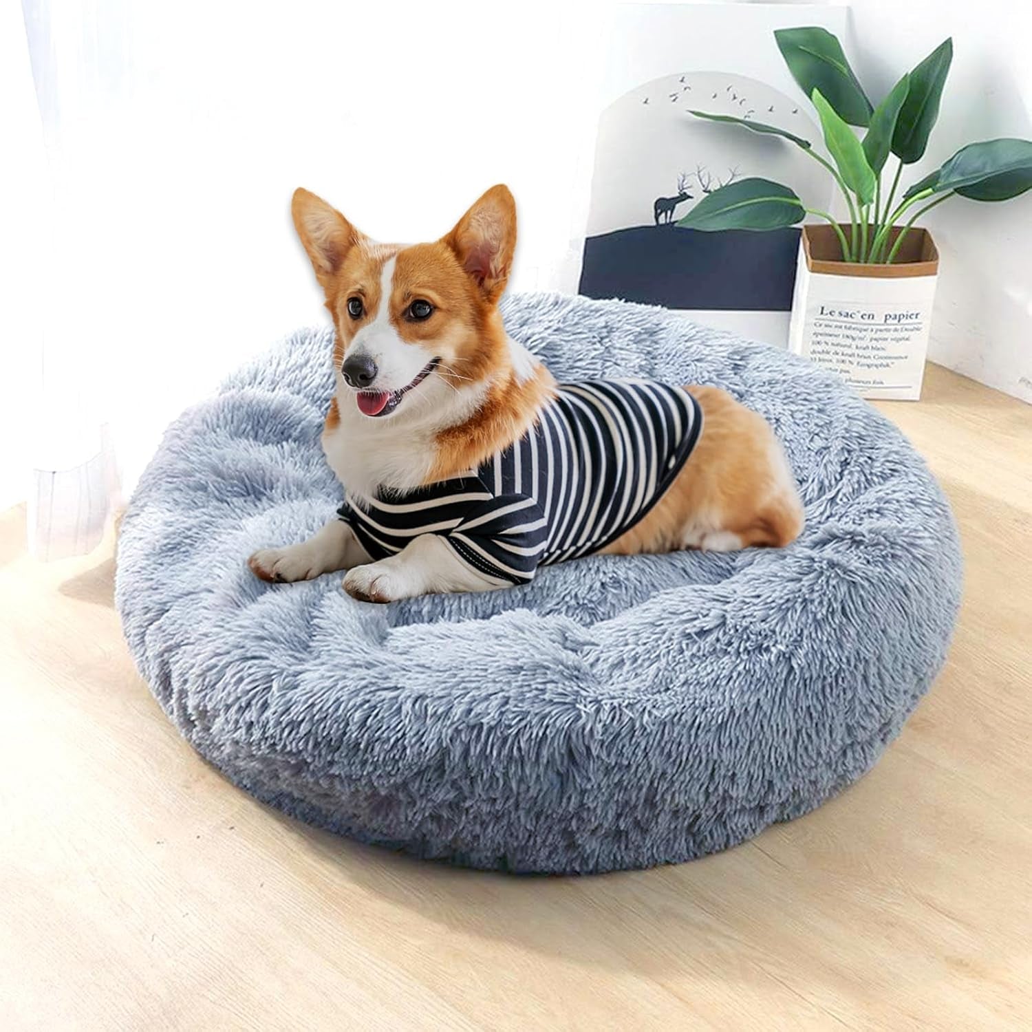 Calming Dog Bed for Small Medium Large Dogs, Soft Plush round Donut Cat Dog Bed, Anti-Anxiety Washable Donut Cuddler Pet Beds with Anti-Slip Bottom (30 X 30 Inch, Light Grey)