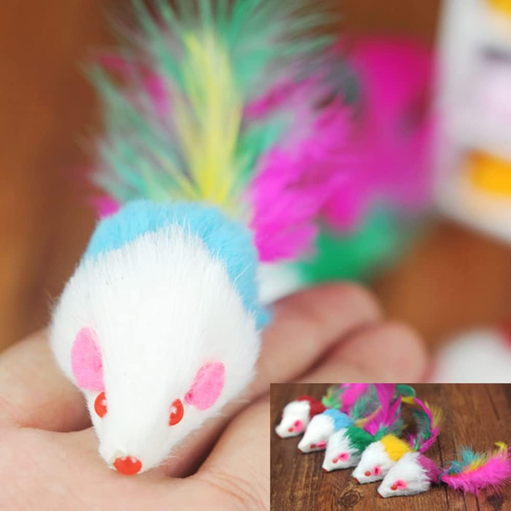 10 Furry Pet Cats, Toy Mice, Cat Toy Mice, Cat Pet Toys, Feather Tails, Interactive Cat Toys for Indoor Cats and Kittens (10 Feather Mice)