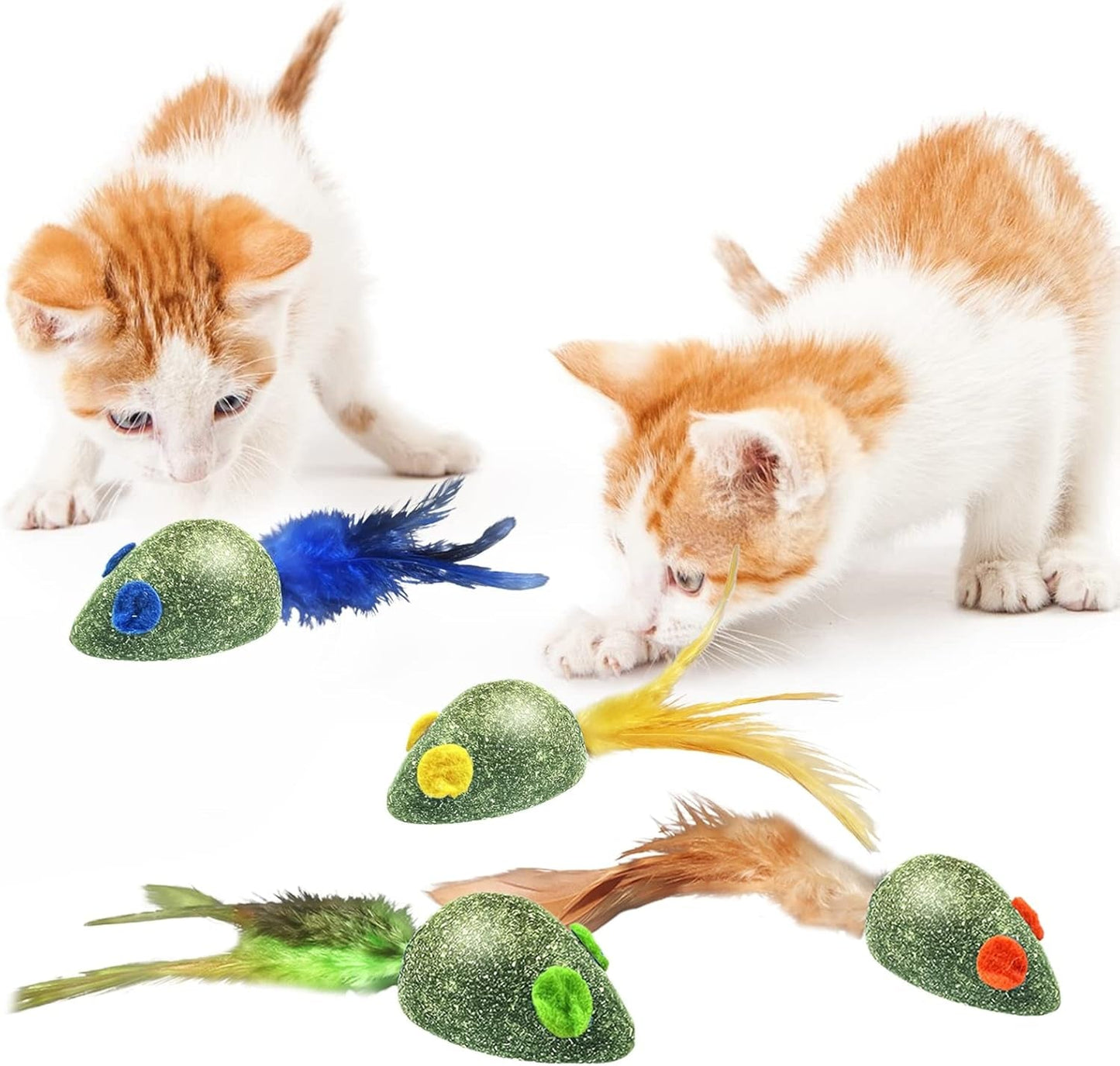 2Pcs Catnip Toys - Natural Edible Artificial Feather Decor Bite-Resistant Scratch-Resistant Oral Care Safe Mouse Shape Kittens Catnip Molar Teeth Chew Toys Green 2Pcs